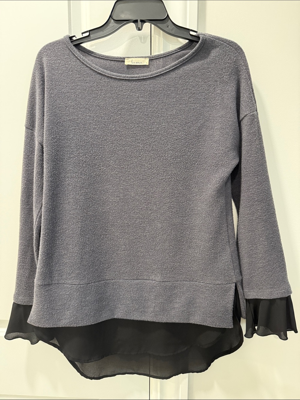 Layered Heather Gray Sweater Top with Sheer Black Hem Size S